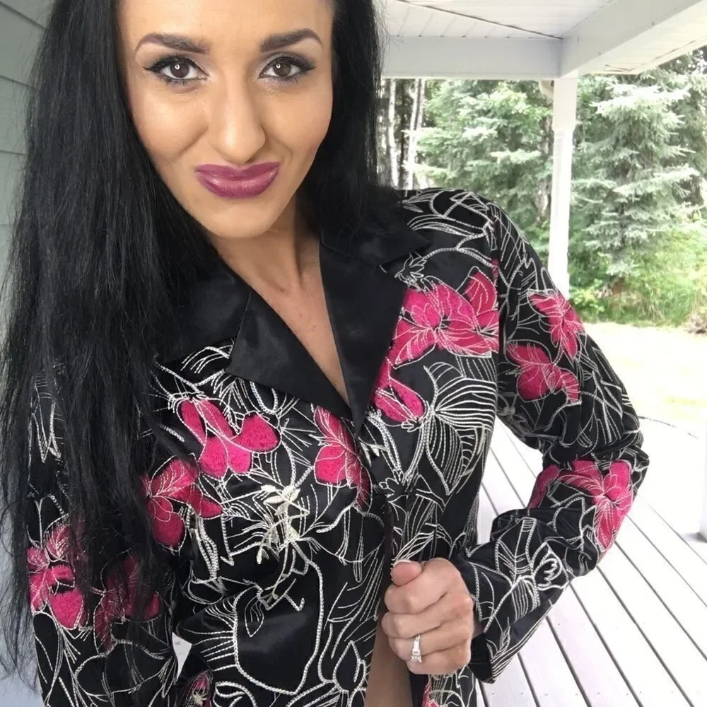 Chico’s black while pink embroidered blazer